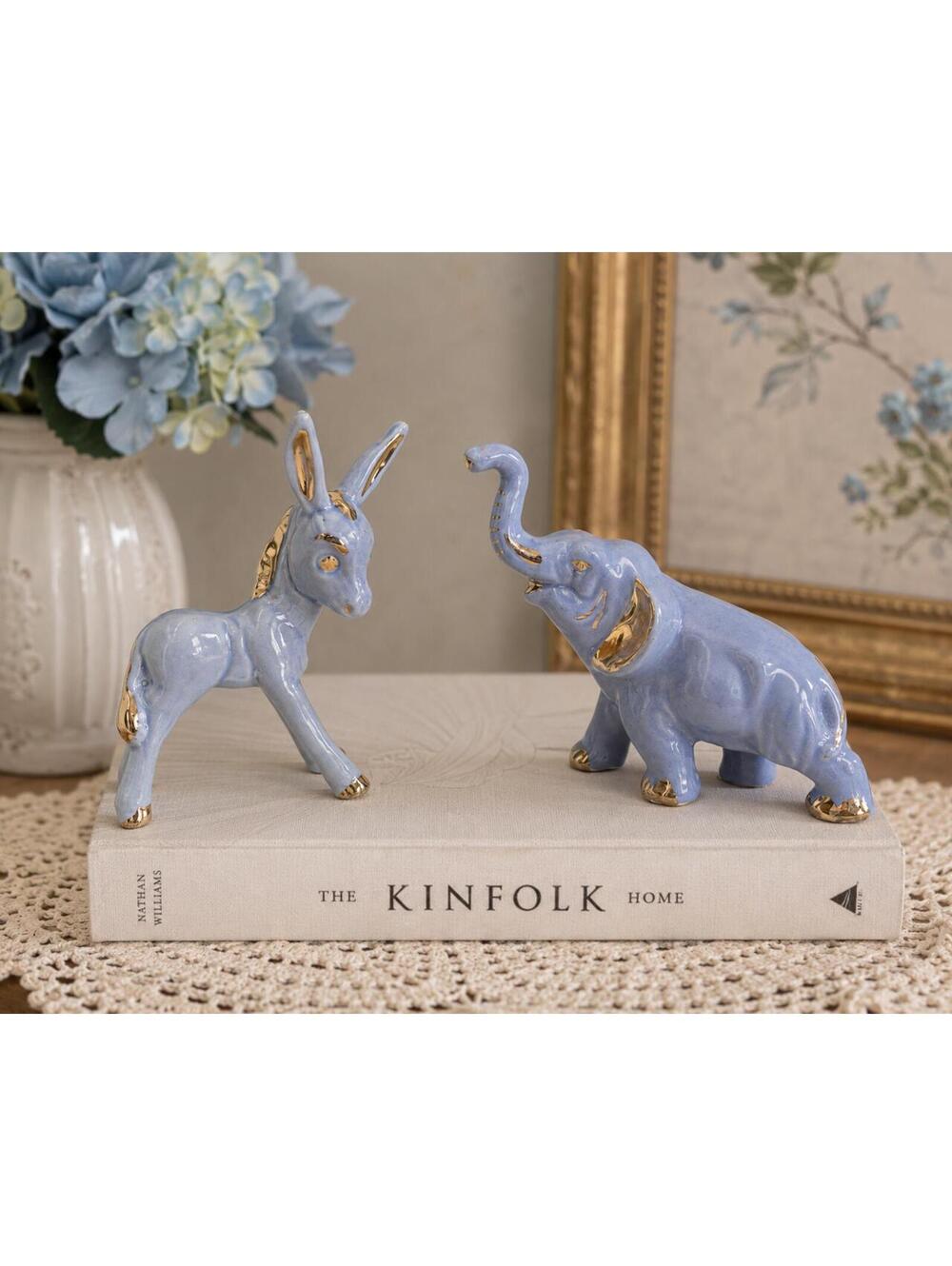 Vintage Blue Ceramic Elephant & Donkey Figurine Set Gold Accents
